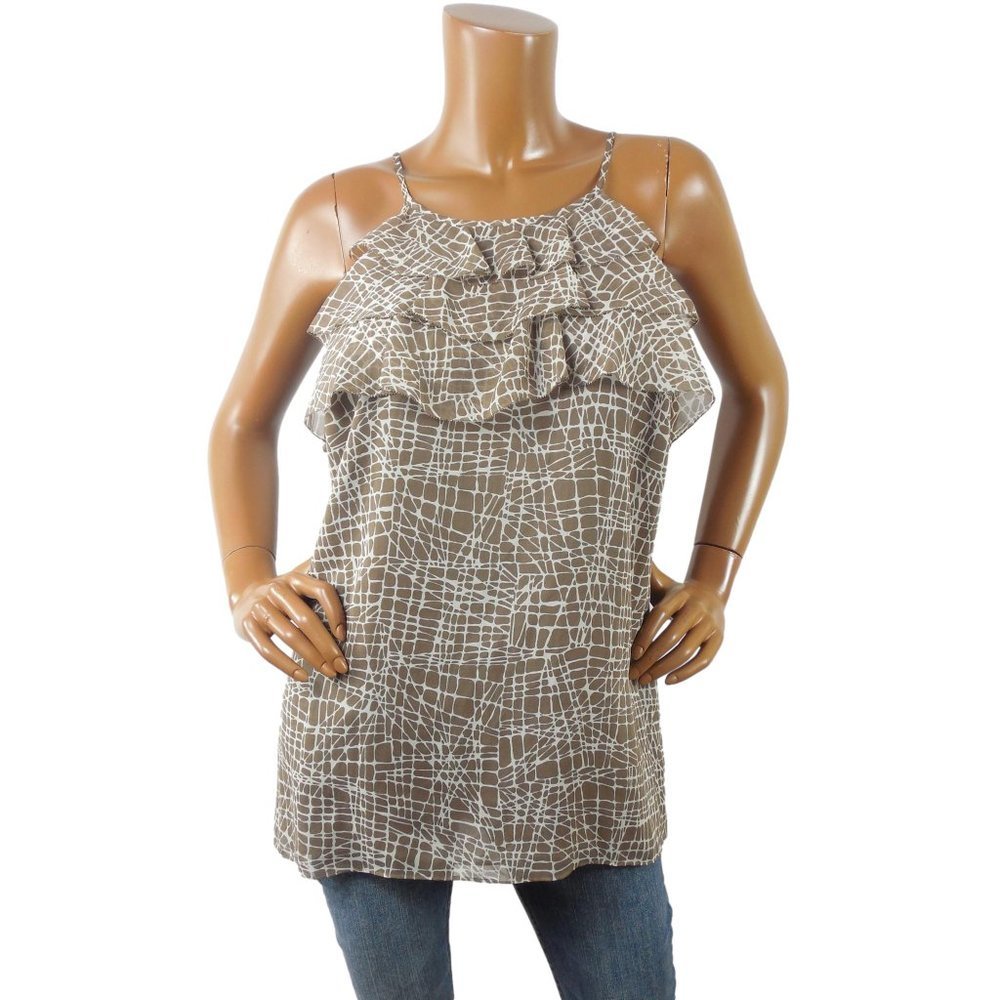 ANN TAYLOR Top XL Silk Blouse Lined Tan/Cream Print Ruffled Front Camisole Shirt